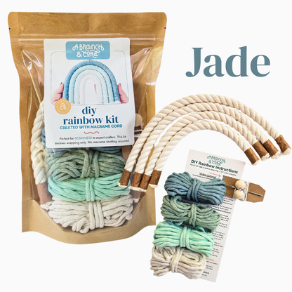 DIY rainbow macramé cord kit with packaging and materials on a white background