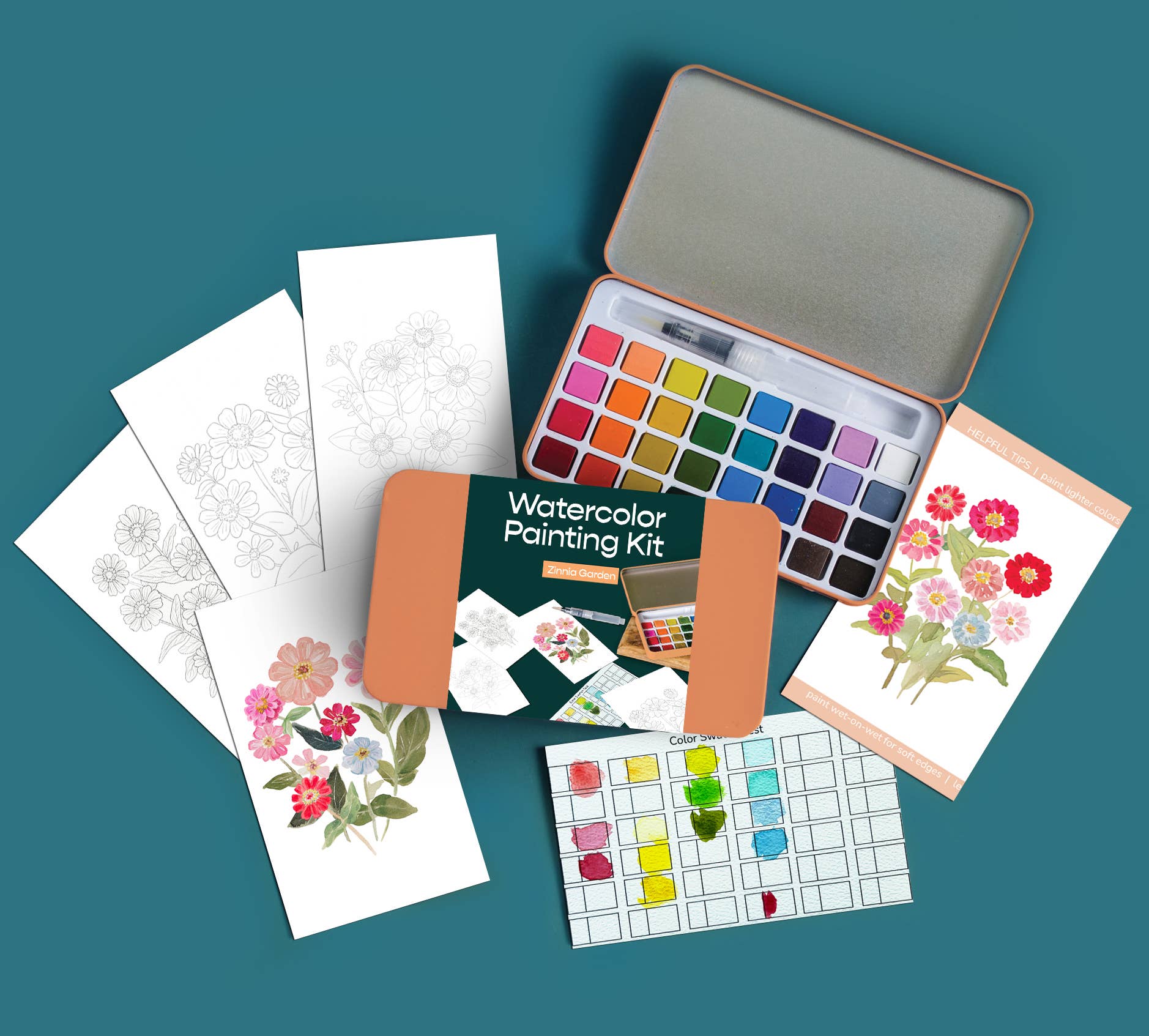 Watercolor painting kit with color swatches, paintbrushes, and floral designs on a teal background