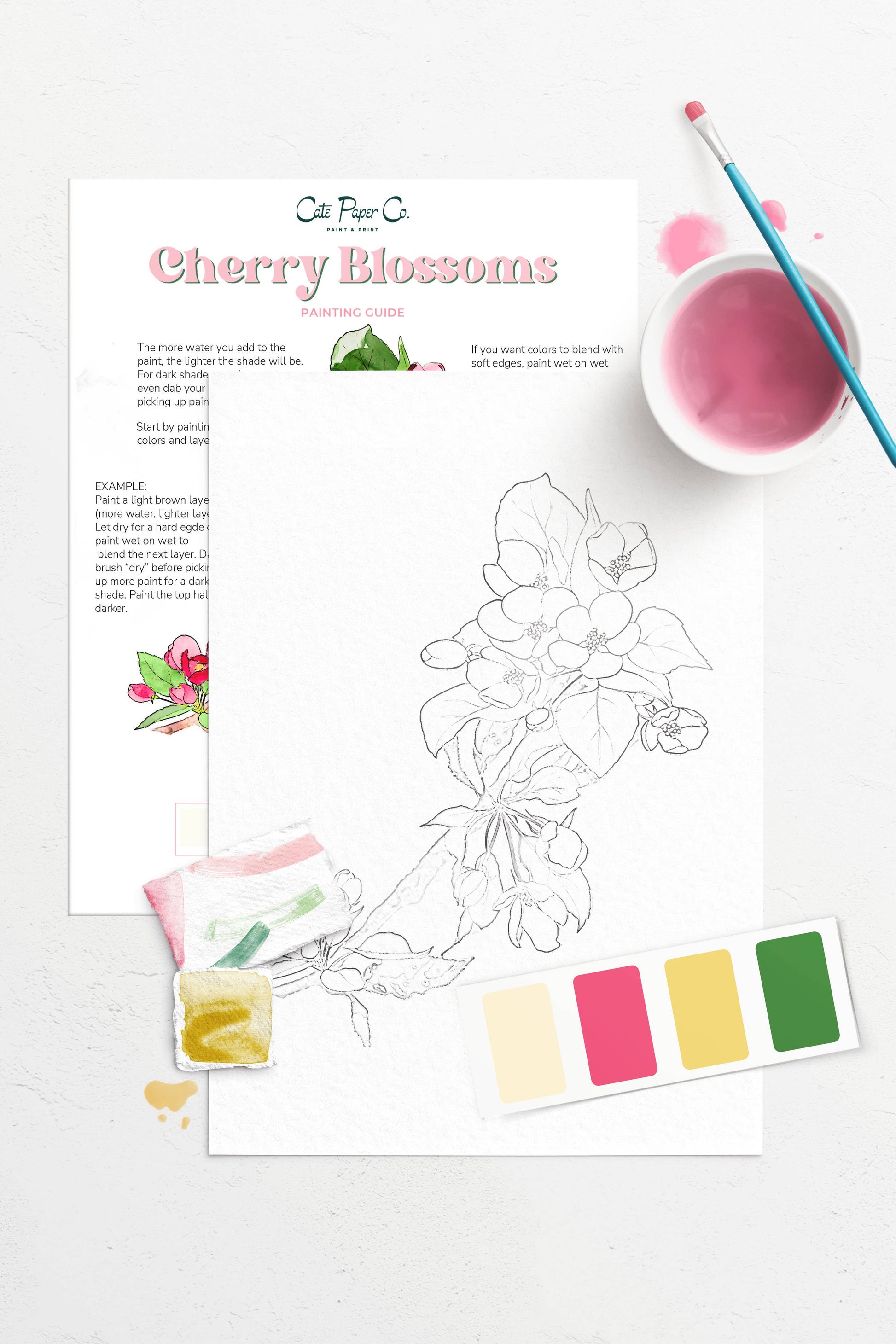 Coloring book page with cherry blossoms, color swatches, and a paintbrush on a white background.