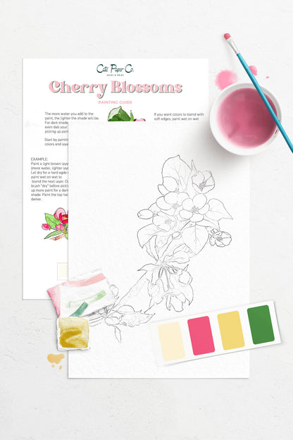 Coloring book page with cherry blossoms, color swatches, and a paintbrush on a white background.