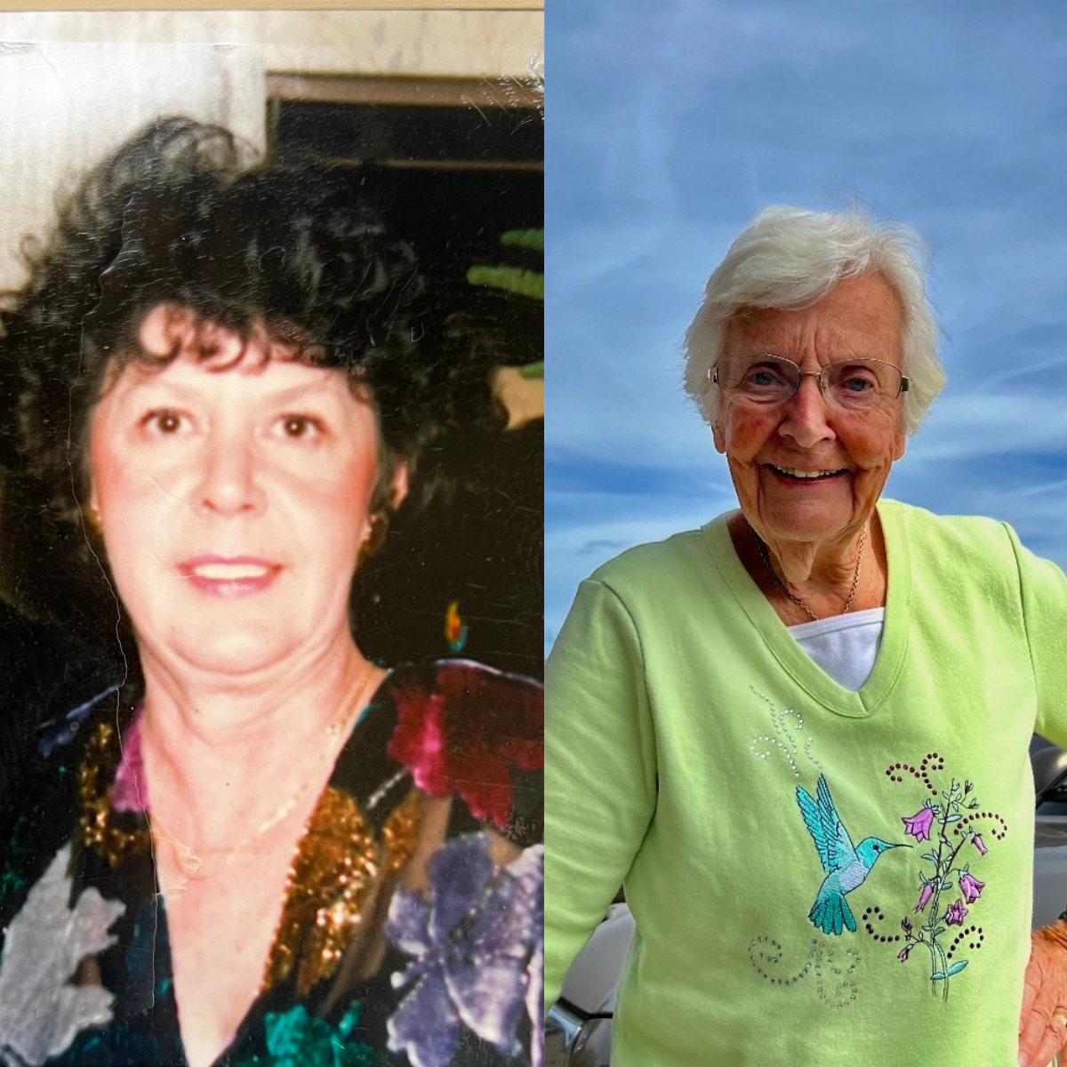 Side-by-side comparison of two women, one with dark hair and the other with white hair, against different backgrounds.