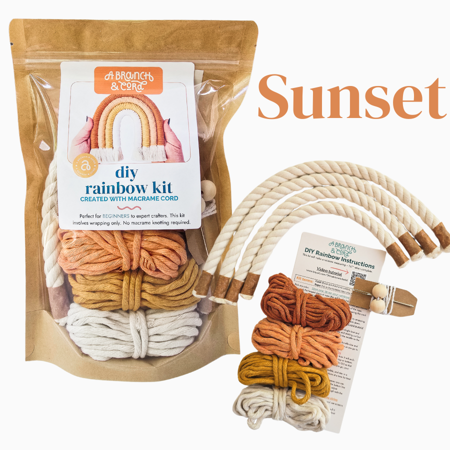 DIY rainbow kit with macrame cord and instructions, featuring sunset colors.