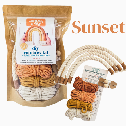 DIY rainbow kit with macrame cord and instructions, featuring sunset colors.